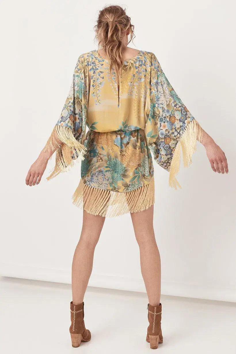 Spell & The Gypsy Free People Willow Tassel Kimono Mini Wrap Dress Multi Size XS / AU 6 for rent on The Volte - main image