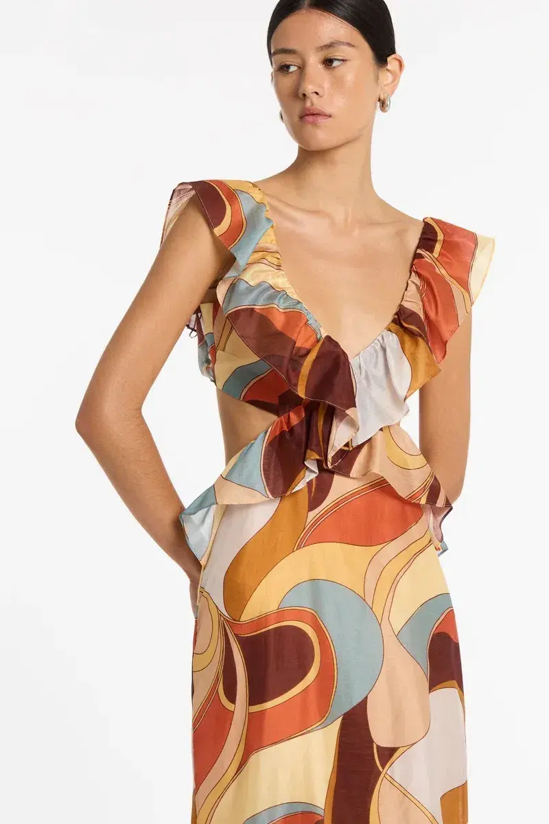 Sir The Label Vista Frill Midi Dress in Vista Print Size 1 (AUS 8) for rent on The Volte - main image