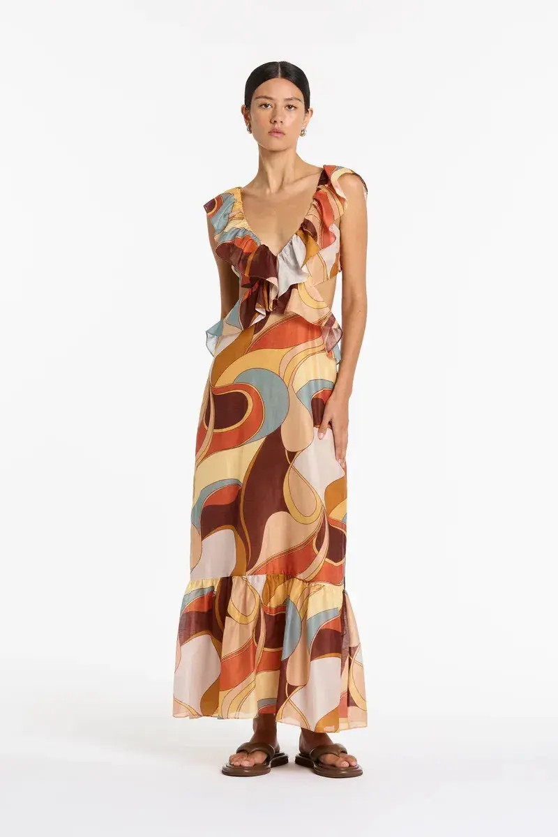 Sir The Label Vista Frill Midi Dress in Vista Print Size 1 (AUS 8) - Image 2
