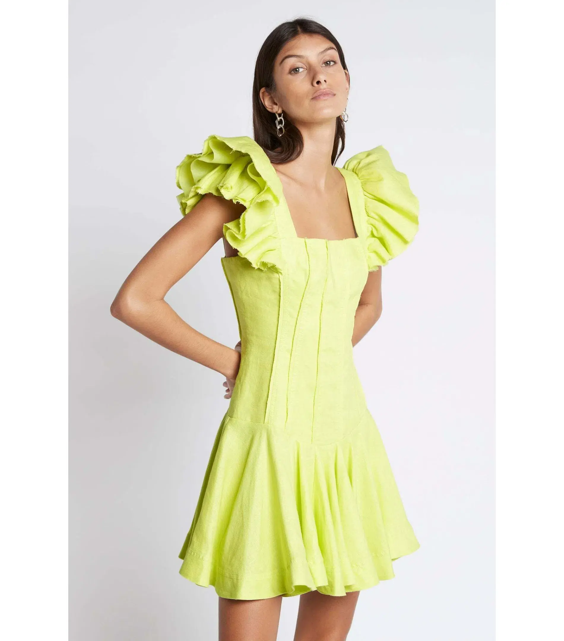 Aje Breathless Frill Sleeve Mini Dress Lime Green Size AU 6 - Image 2