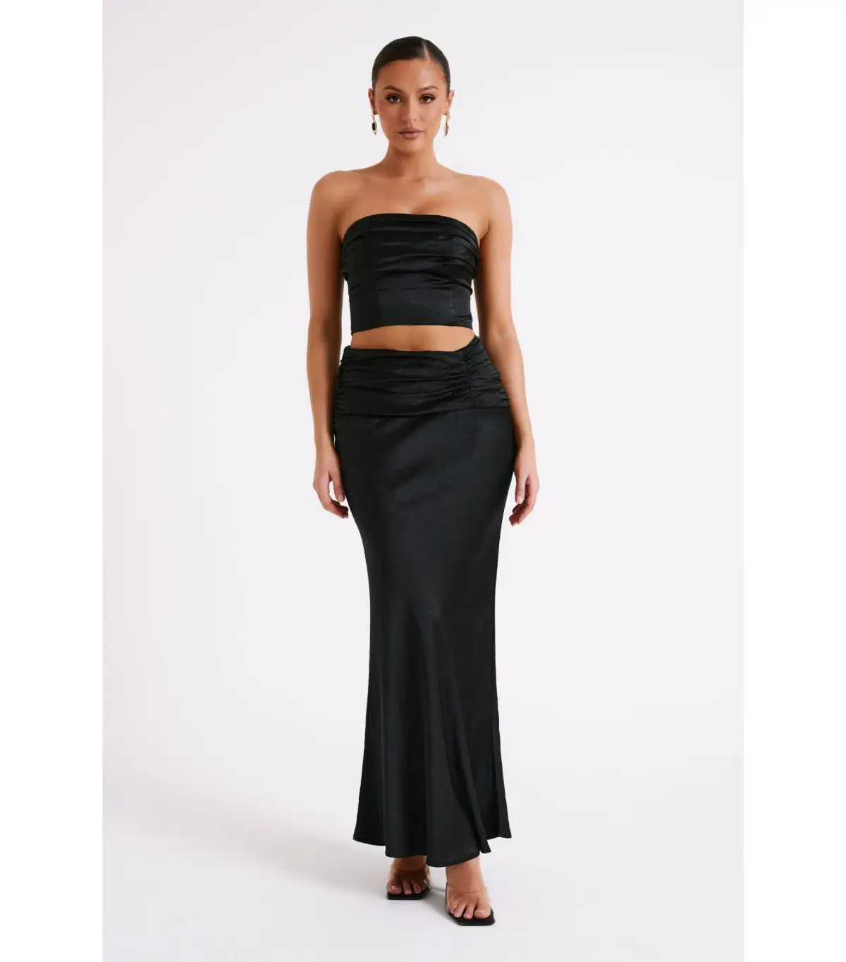 Meshki Khalani Ruched Strapless Satin Top and Skirt Set Black Size AU 8 - Image 1
