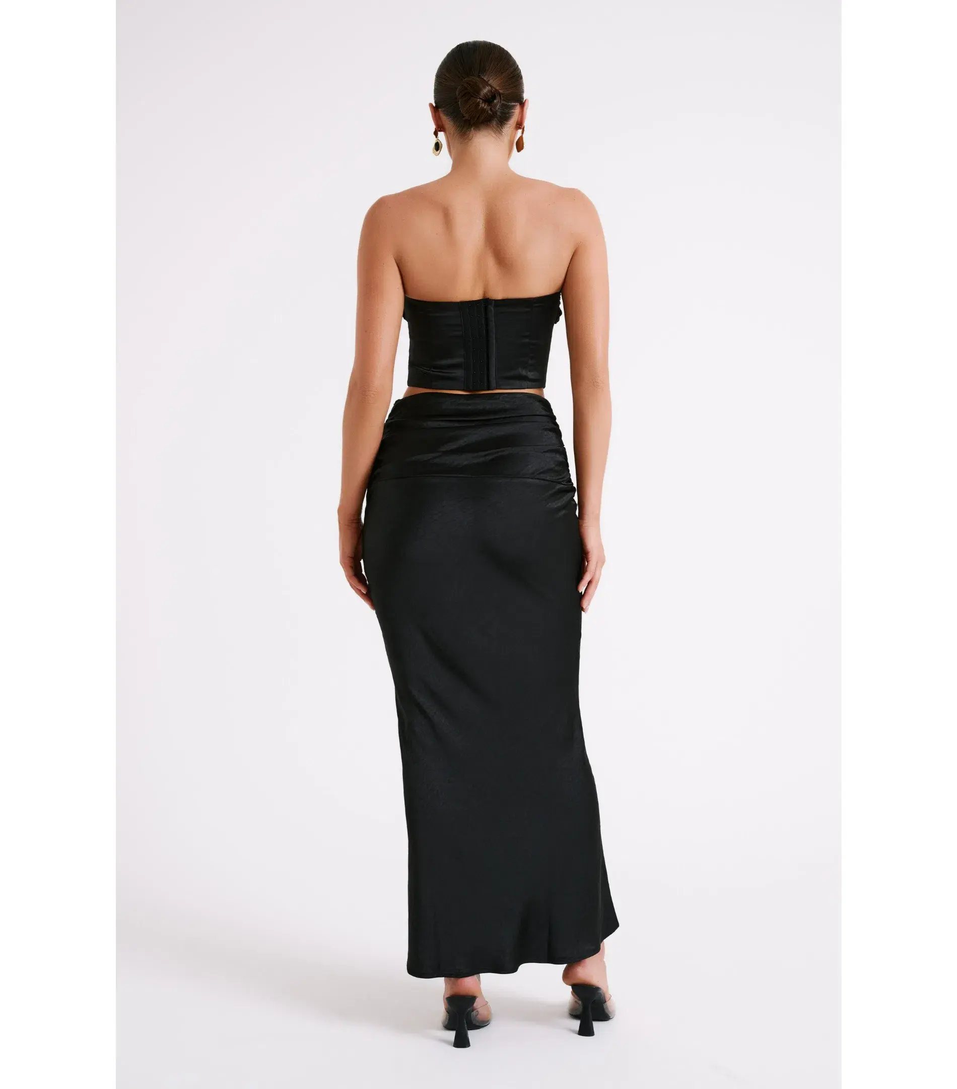 Meshki Khalani Ruched Strapless Satin Top and Skirt Set Black Size AU 8 - Image 4