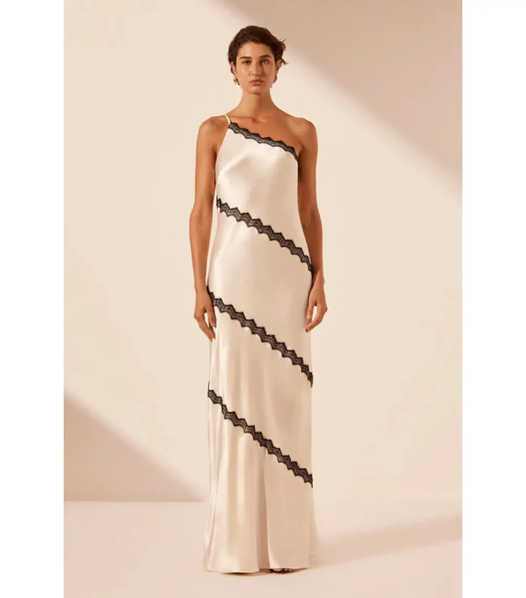 Shona Joy Camille Lace Asymmetrical Maxi Dress Cream/Black Size S / AU 8  for rent on The Volte - main image