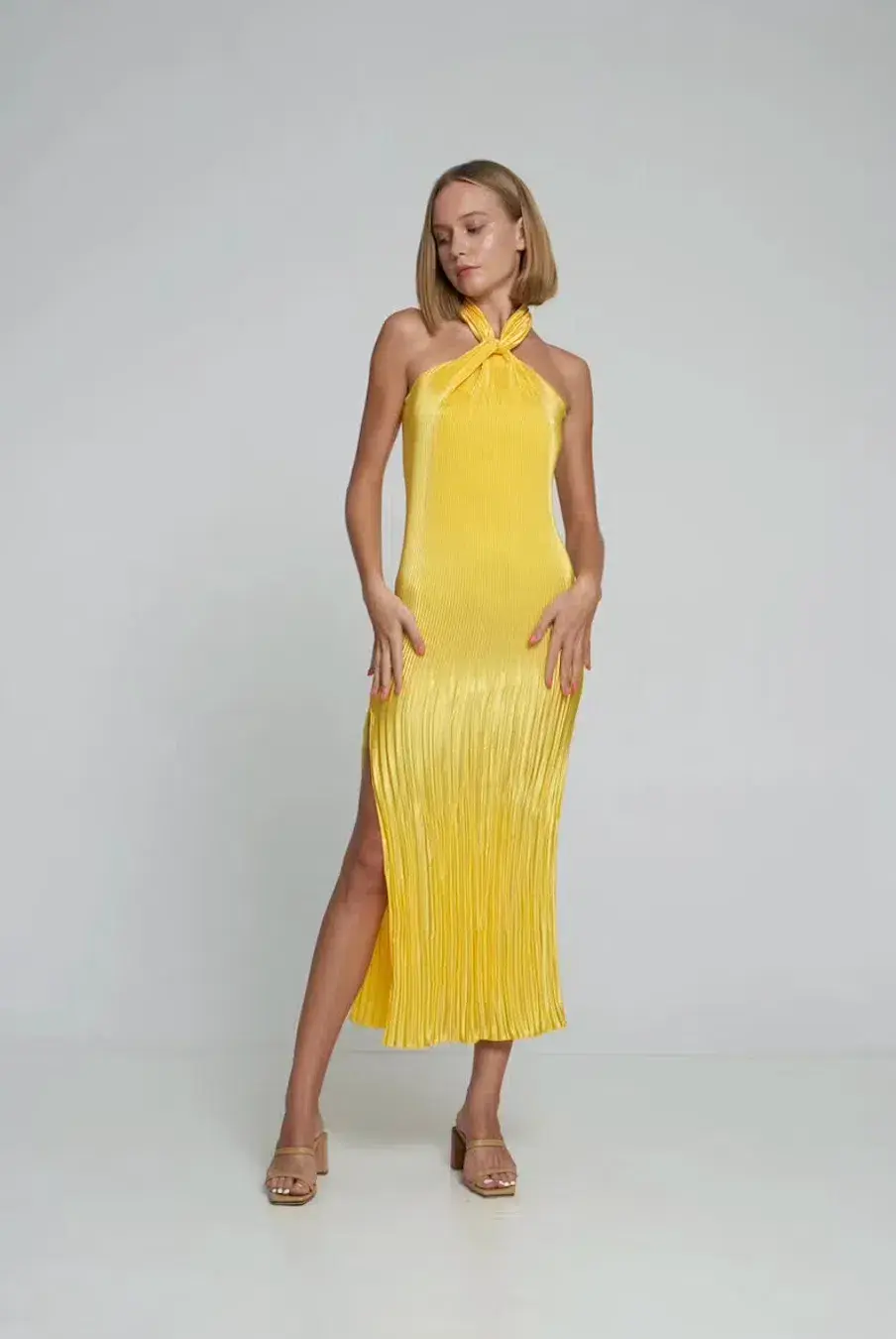 L'idee Soiree Halter Gown Canary Yellow Size AU 6 - Image 1