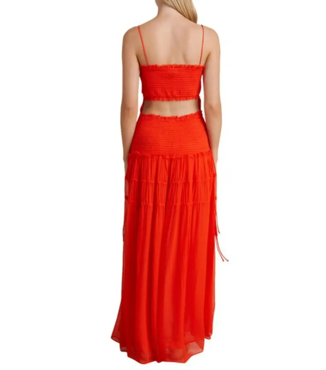 Bec & Bridge Charlotte Smocked Cut-Out Maxi Dress in Flame Size AU 6 for rent on The Volte - main image