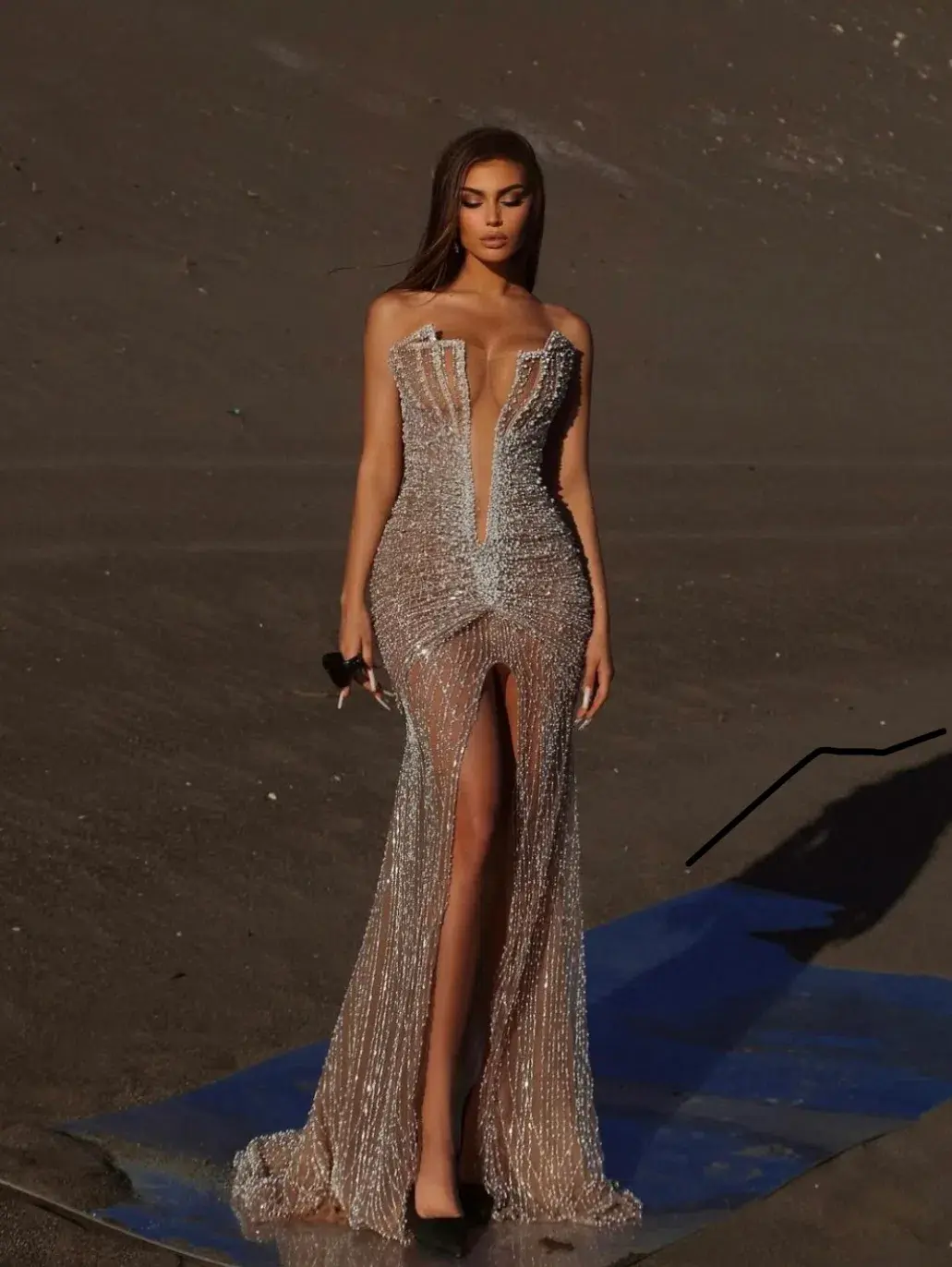 Albina Dyla Pearl Beaded Deep V Gown - Image 2