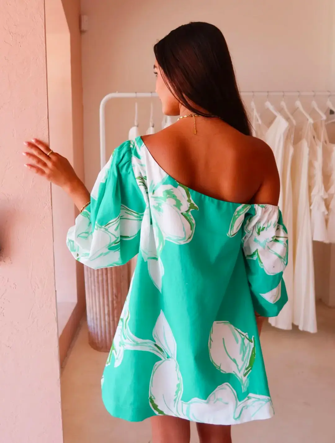 By Nicola Capri Off Shoulder Relaxed Mini Dress in Verde Fleur Size 10 for rent on The Volte - main image