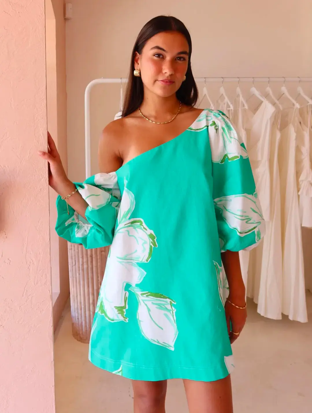 By Nicola Capri Off Shoulder Relaxed Mini Dress in Verde Fleur Size 10 for rent on The Volte - main image