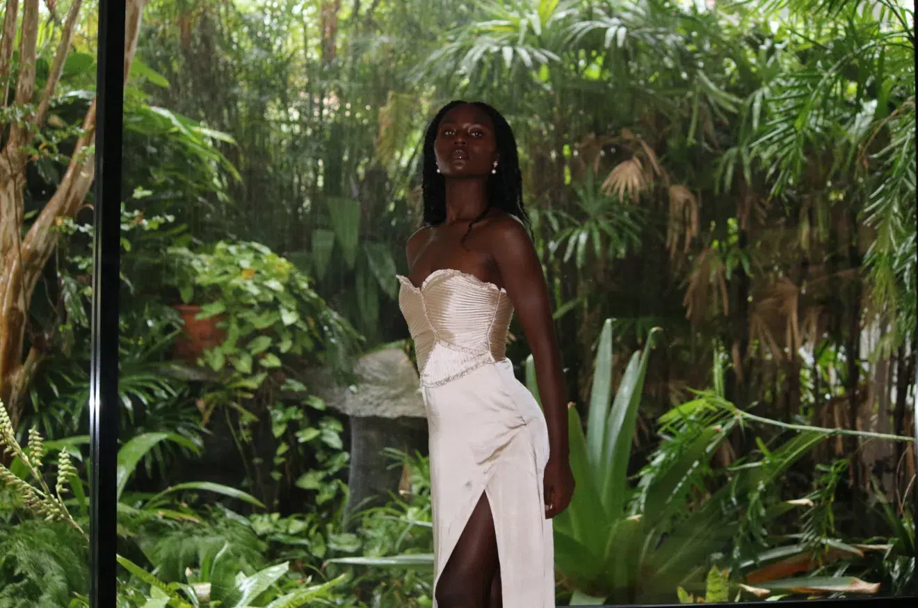 Larissa Satin Maxi Dress With Ruched Petals - Champagne MESHKI - Image 3