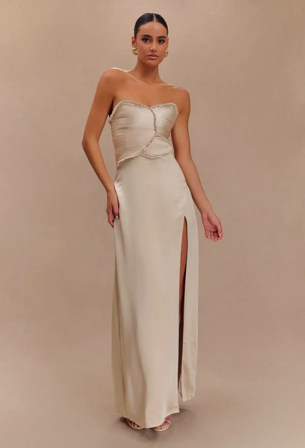 Larissa Satin Maxi Dress With Ruched Petals - Champagne MESHKI - Image 1