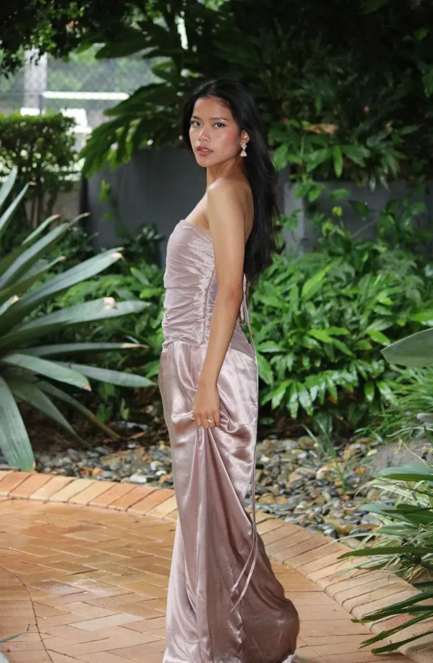 Serena Strapless Taffeta Maxi Dress - Bronze Taupe MESHKI size S - Image 4