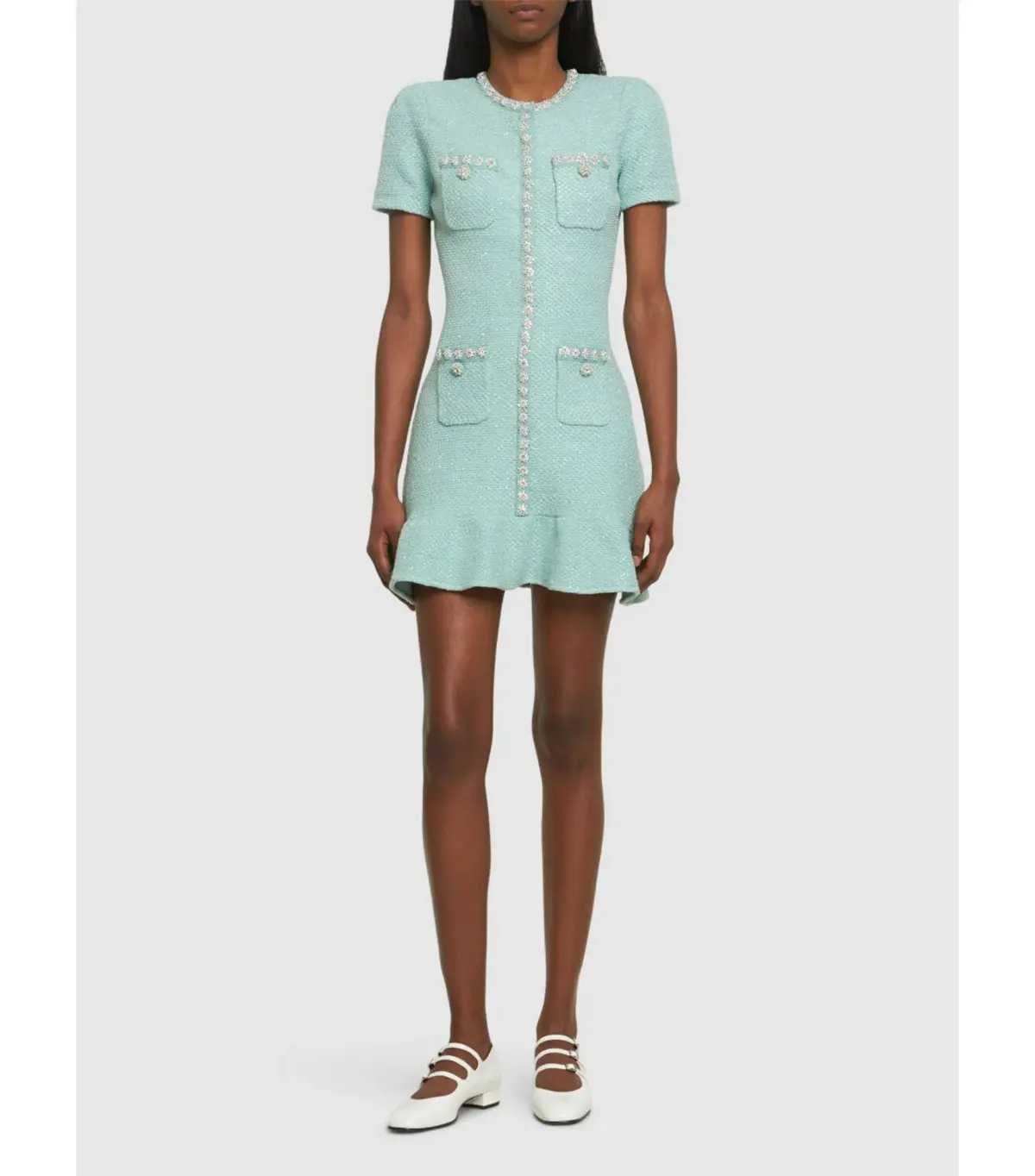 Self Portrait Tweed Embellished Mini Dress Green Size AU 8 - Image 1