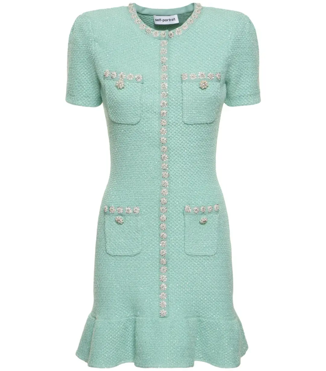 Self Portrait Tweed Embellished Mini Dress Green Size AU 8 for rent on The Volte - main image