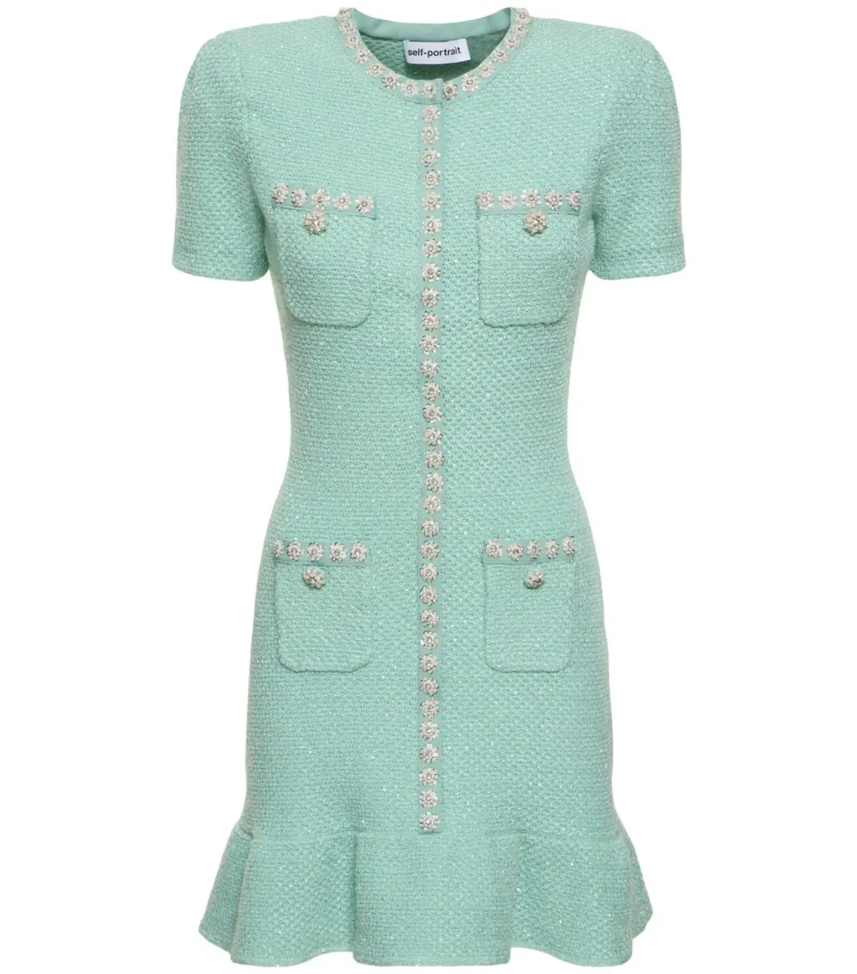 Self Portrait Tweed Embellished Mini Dress Green Size AU 8 - Image 3