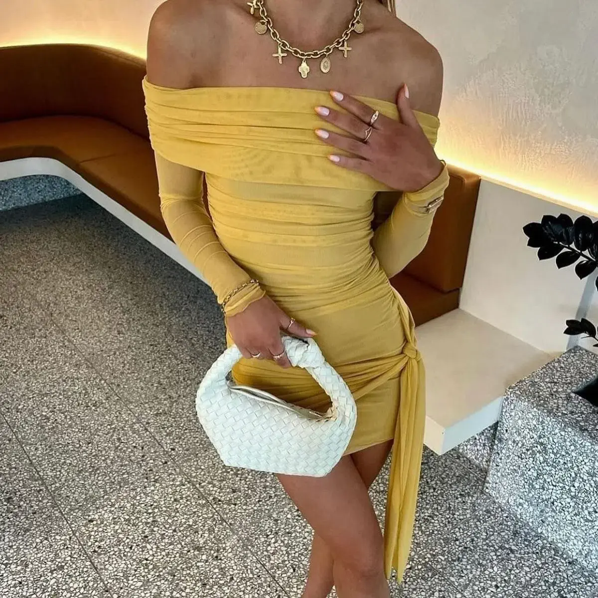 BENNI Yasmin Off Shoulder Mini Dress in Mustard Yellow Size 10 - Image 4