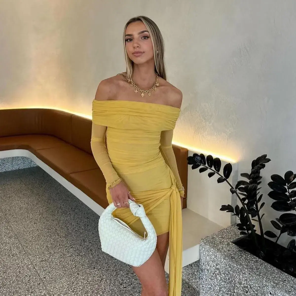 BENNI Yasmin Off Shoulder Mini Dress in Mustard Yellow Size 10 - Image 3