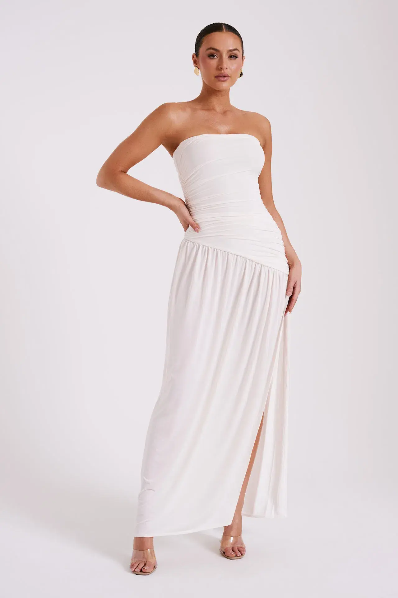Meshki Bex Strapless Slinky Maxi Dress With Split Ivory White Size XS / AU 6 - Image 1