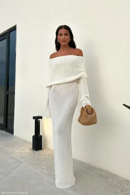 Meshki Marisol Off Shoulder Boucle Maxi Dress in Ivory Size S / AU 8 - Image 7