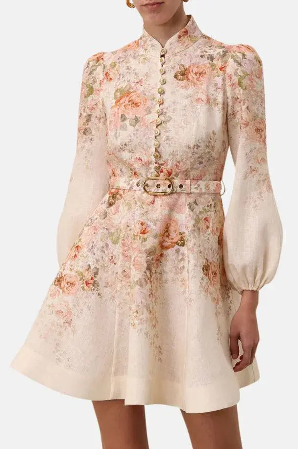 Zimmermann Illustration Buttoned Mini Dress Cream Rococo Floral Size 2 / AU 12 - Image 1