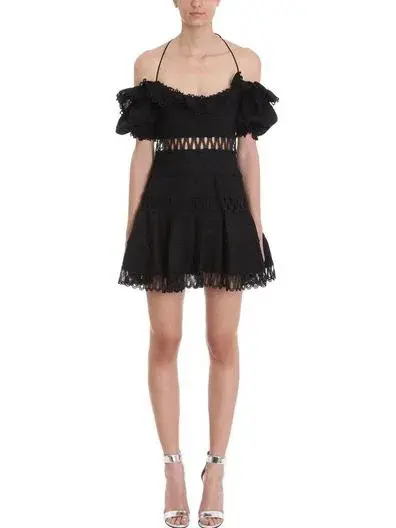 Zimmermann Melody Off Shoulder Linen And Cotton Blend Mini Dress Black Size 1 / AU 10 - Image 2