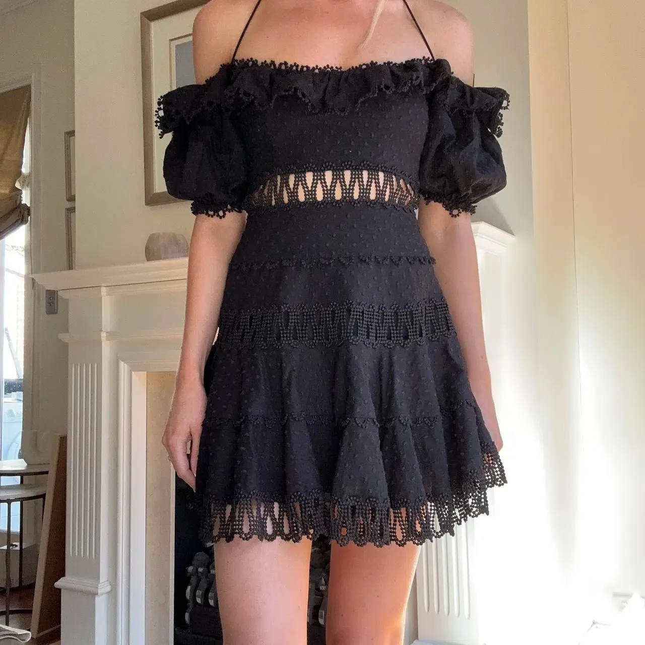 Zimmermann Melody Off Shoulder Linen And Cotton Blend Mini Dress Black Size 1 / AU 10 - Image 5