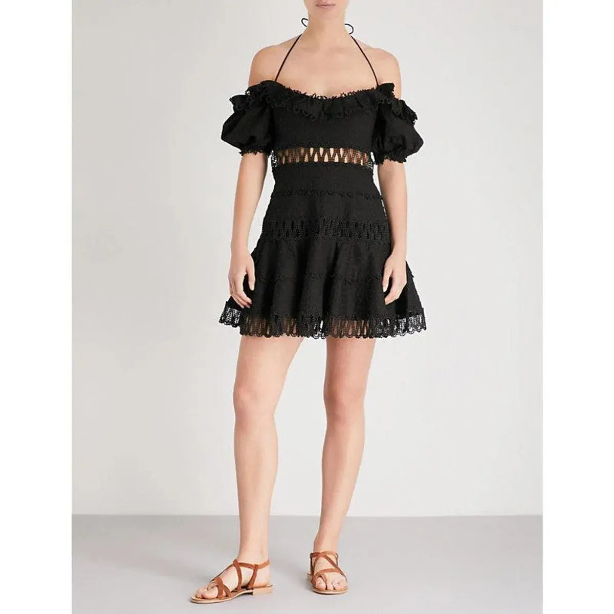 Zimmermann Melody Off Shoulder Linen And Cotton Blend Mini Dress Black Size 1 / AU 10 - Image 1