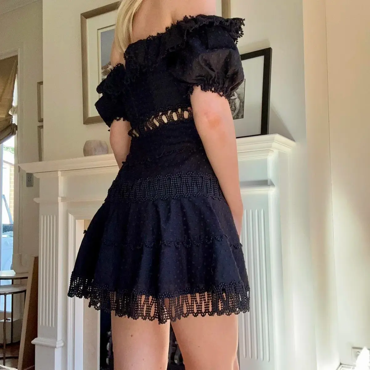Zimmermann Melody Off Shoulder Linen And Cotton Blend Mini Dress Black Size 1 / AU 10 - Image 6