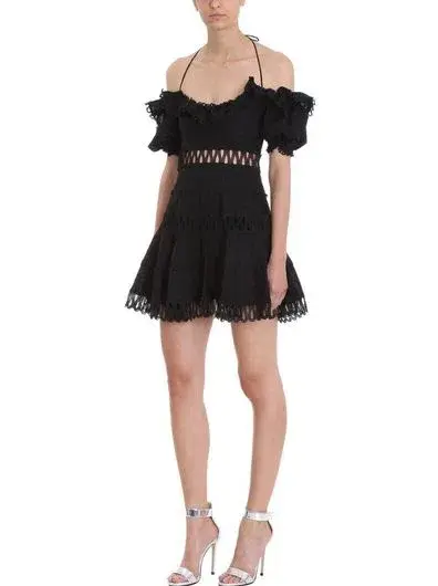 Zimmermann Melody Off Shoulder Linen And Cotton Blend Mini Dress Black Size 1 / AU 10 - Image 4