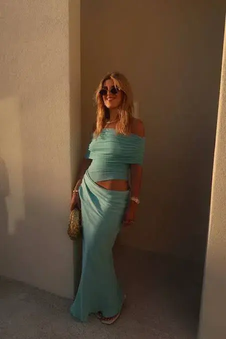 Benni Nico Off Shoulder Maxi Dress in Aquamarine Blue Size 10 - Image 7