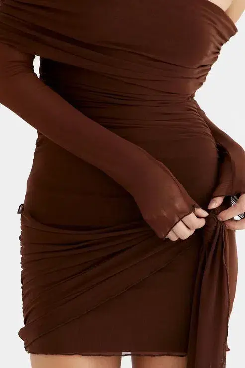 Benni Yasmin Off Shoulder Mini Dress in Cocoa Brown Size S / AU 8 for rent on The Volte - main image