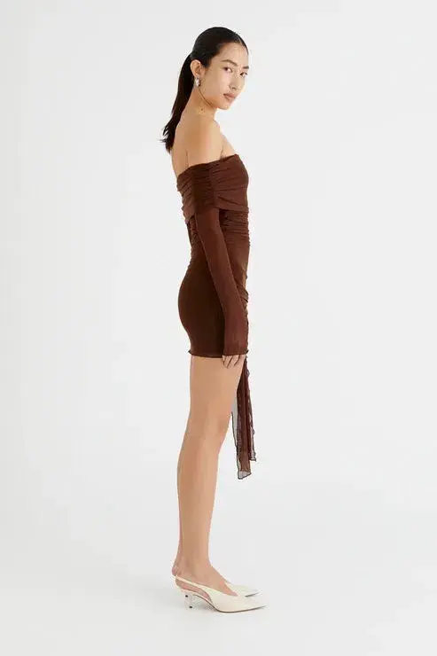 Benni Yasmin Off Shoulder Mini Dress in Cocoa Brown Size S / AU 8 for rent on The Volte - main image
