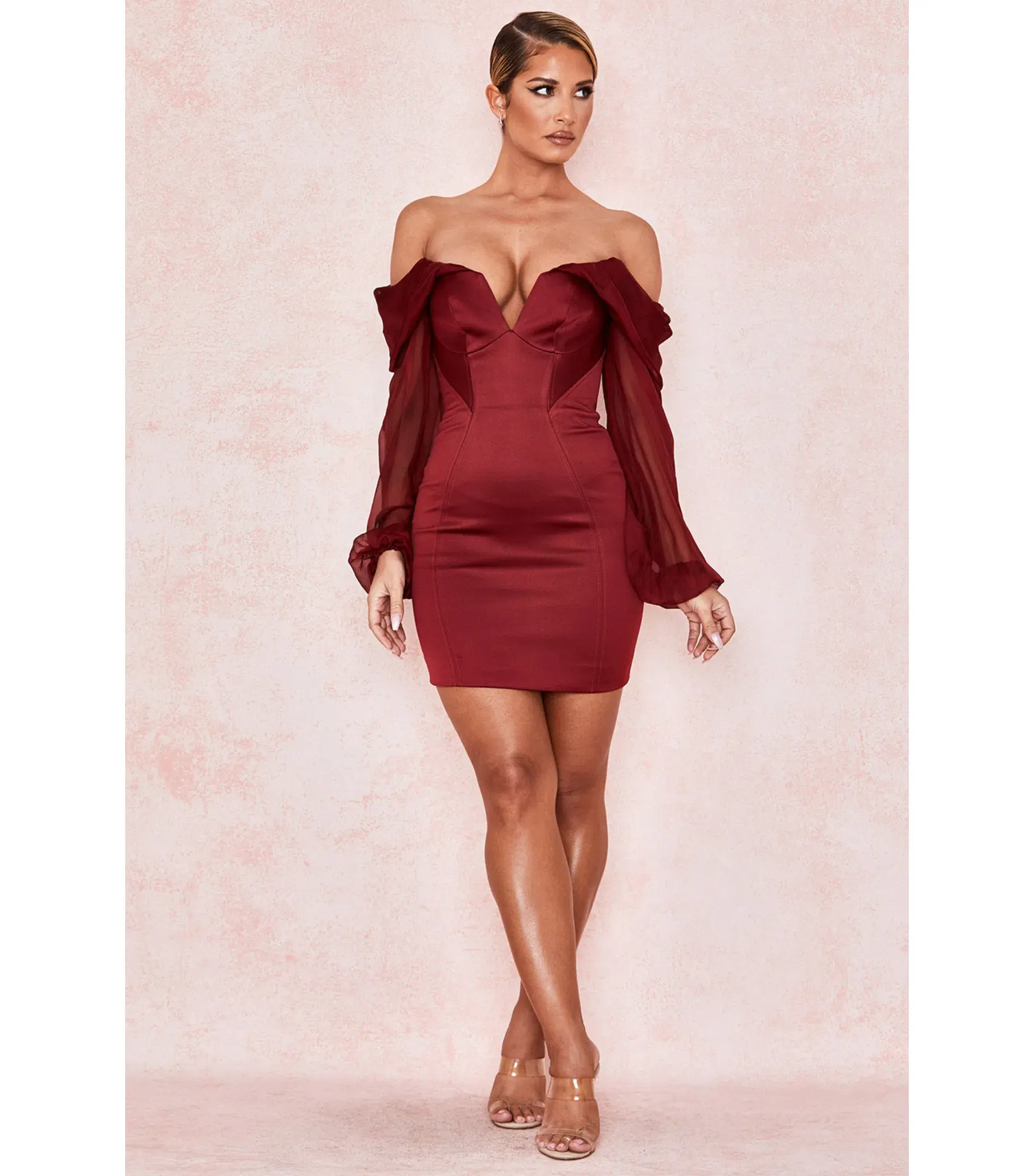 House Of CB Olivia Satin Off Shoulder Dress Wine Size M / AU 10 - Image 1