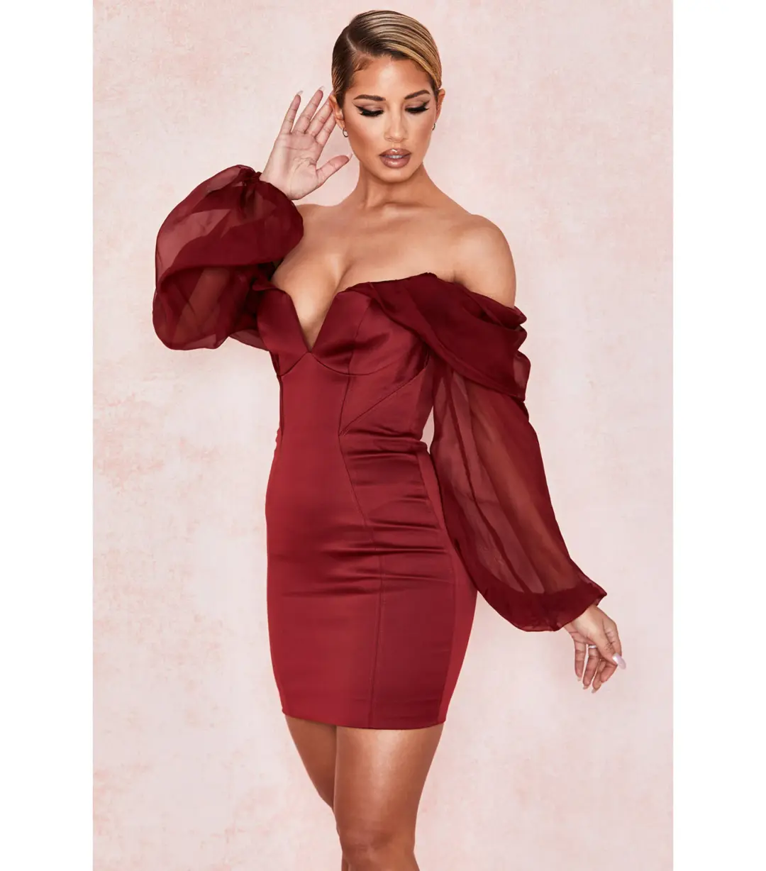 House Of CB Olivia Satin Off Shoulder Dress Wine Size M / AU 10 for rent on The Volte - main image