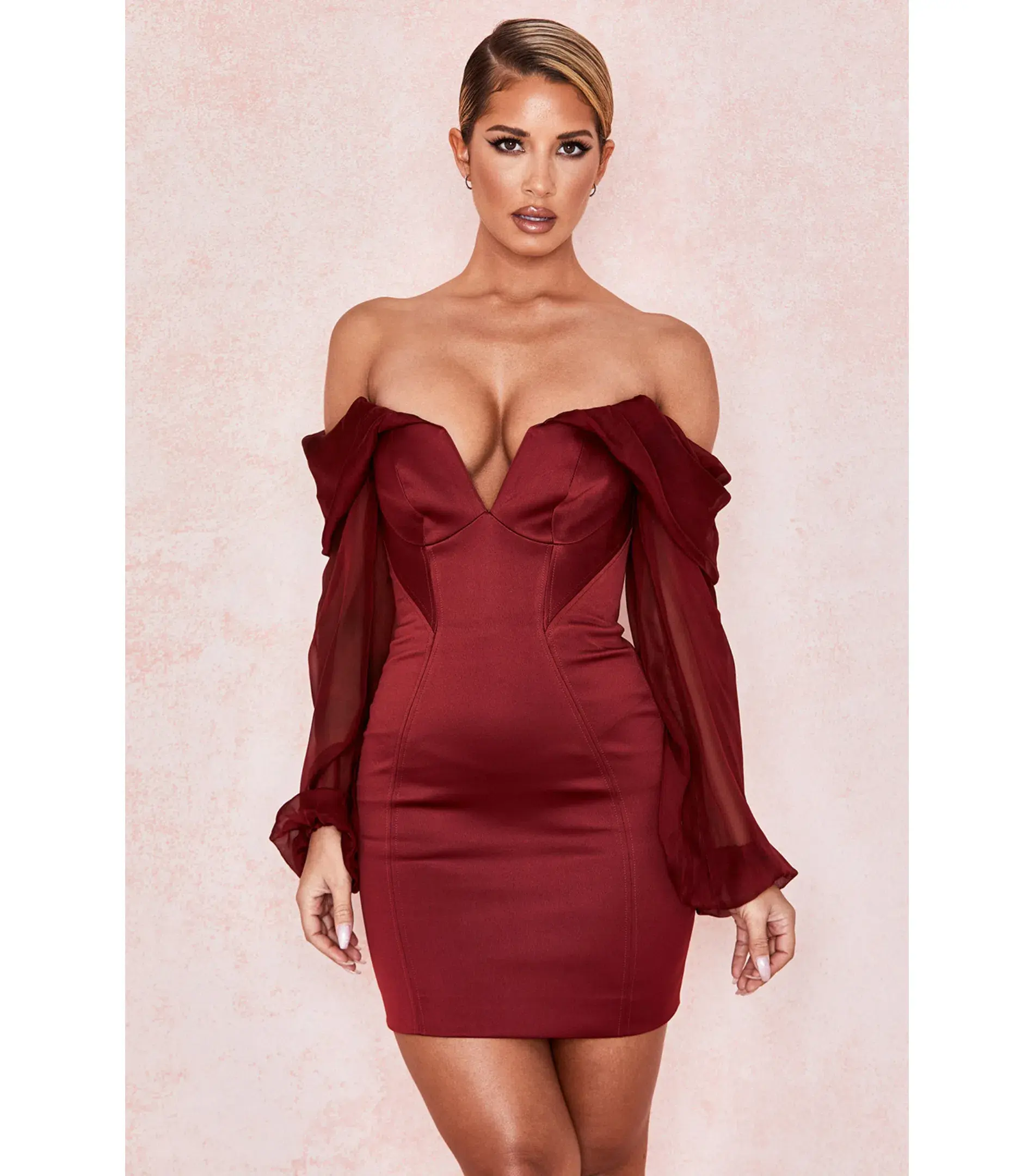 House Of CB Olivia Satin Off Shoulder Dress Wine Size M / AU 10 - Image 2