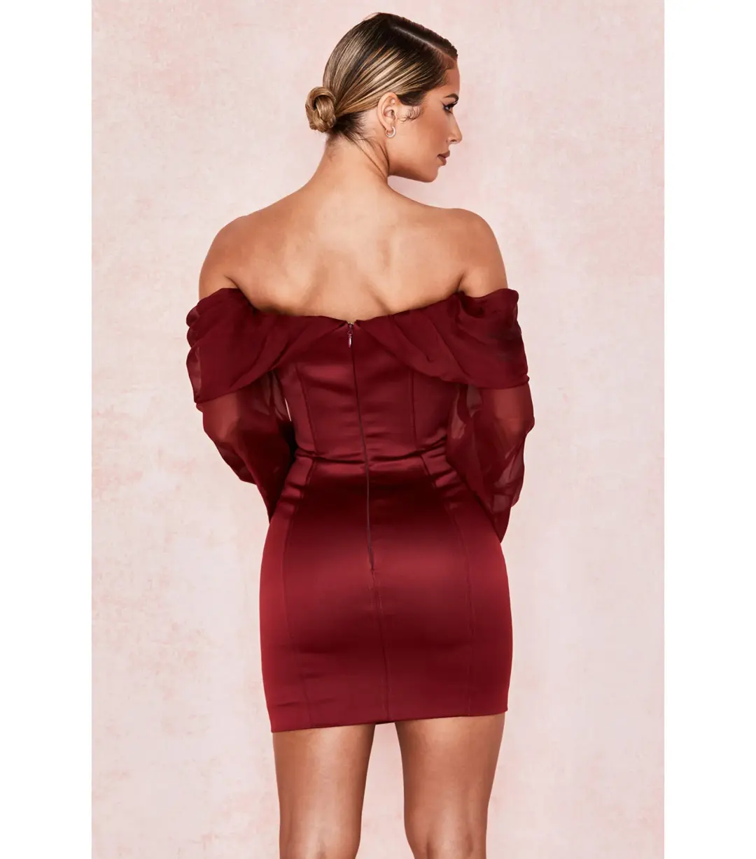 House Of CB Olivia Satin Off Shoulder Dress Wine Size M / AU 10 for rent on The Volte - main image