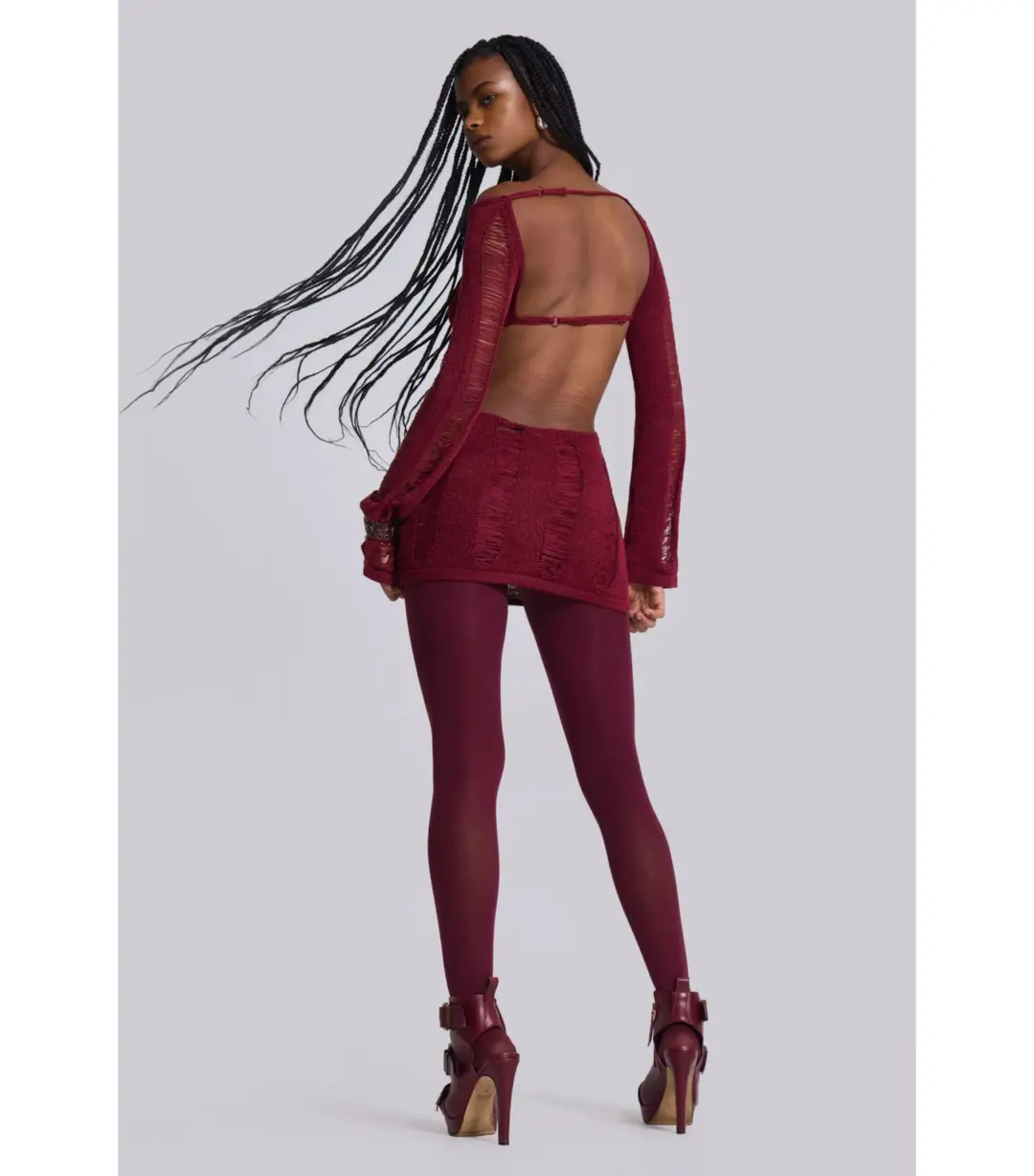 Jaded London Umbra Shredded Mini Dress in Burgundy Size S / AU 8 for rent on The Volte - main image