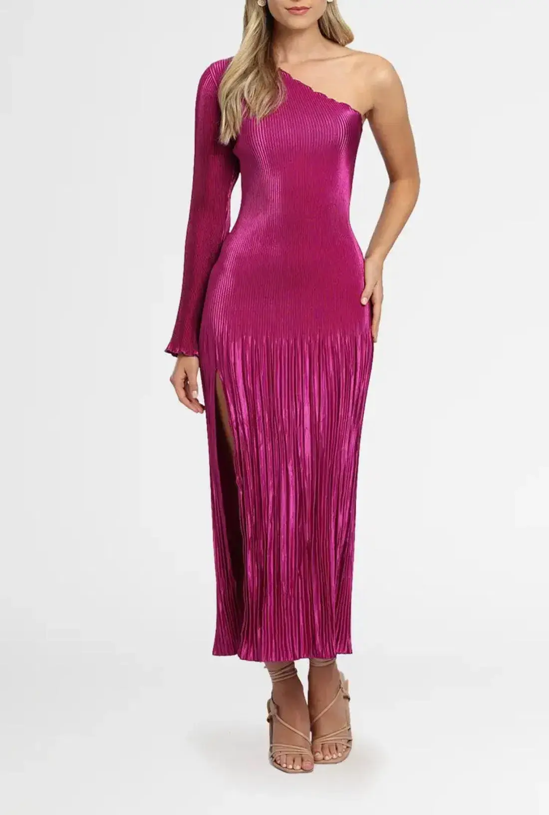 L'idee Soirée One Shoulder Long Sleeve Dress in Magenta Size 8 - Image 3