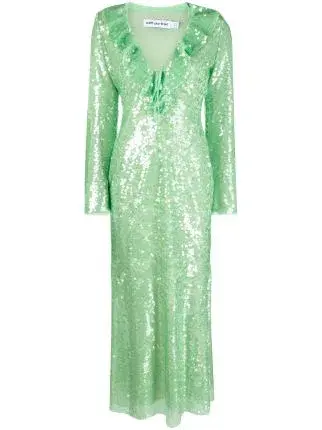 Self Portrait Sequin Midi Dress Green Size 6  - Image 3