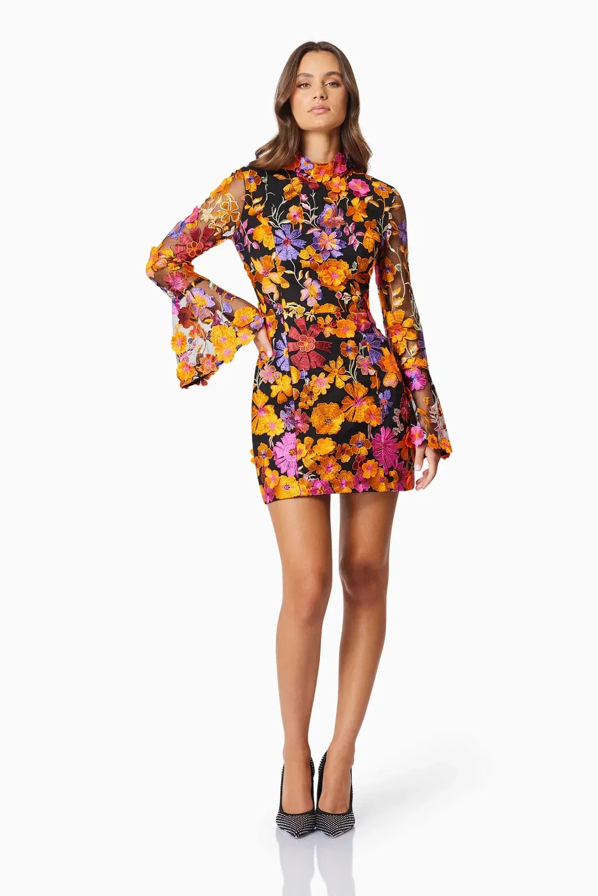 Elliatt Alessandra Floral Long Sleeve Mini Dress in Orange Multi Size  - Image 1