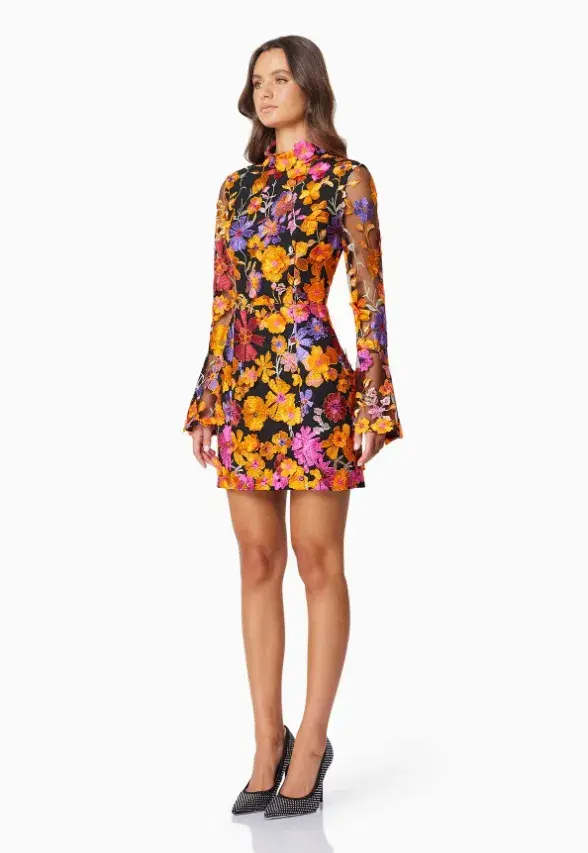 Elliatt Alessandra Floral Long Sleeve Mini Dress in Orange Multi Size  for rent on The Volte - main image