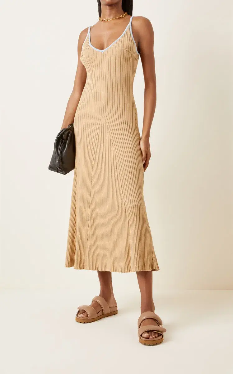 Anna Quan Scarlet Ribbed Knit Cotton Midi Dress Tan/Blue Size 10 - Image 2