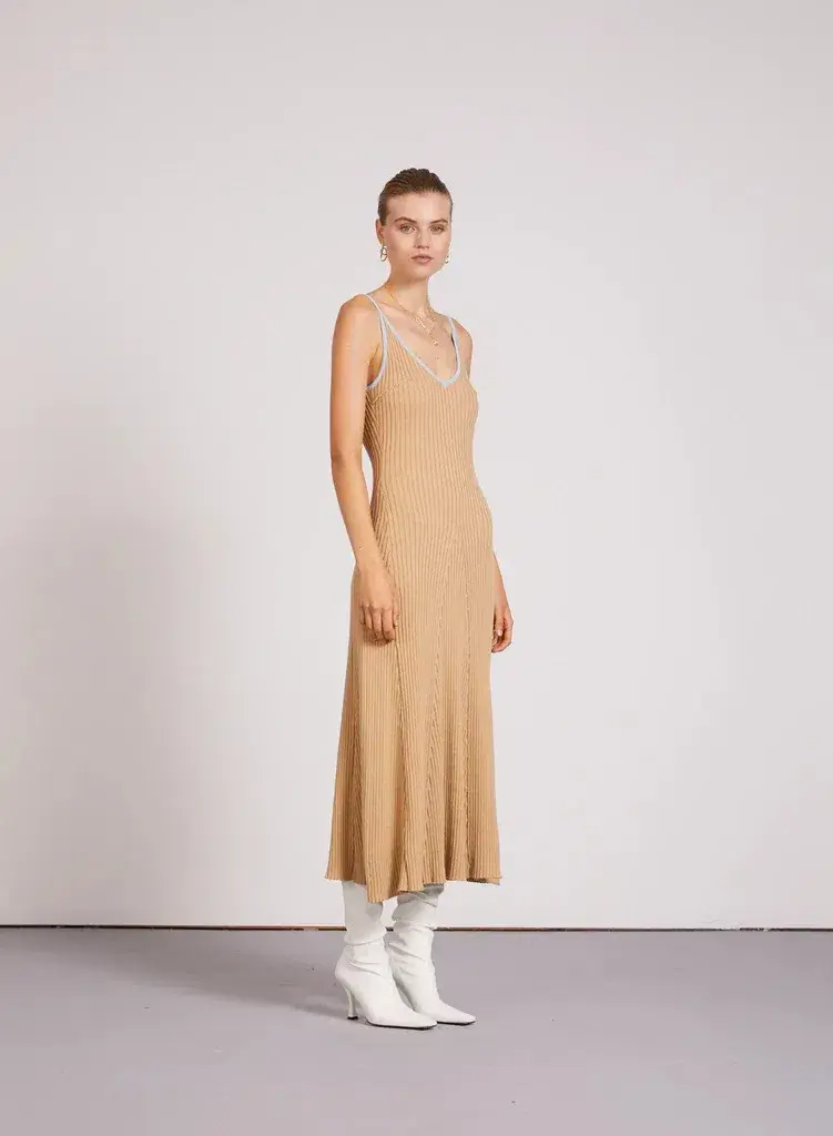 Anna Quan Scarlet Ribbed Knit Cotton Midi Dress Tan/Blue Size 10 - Image 5