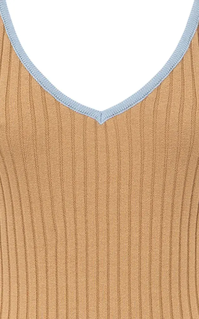 Anna Quan Scarlet Ribbed Knit Cotton Midi Dress Tan/Blue Size 10 - Image 7
