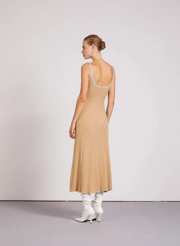 Anna Quan Scarlet Ribbed Knit Cotton Midi Dress Tan/Blue Size 10 - Image 4
