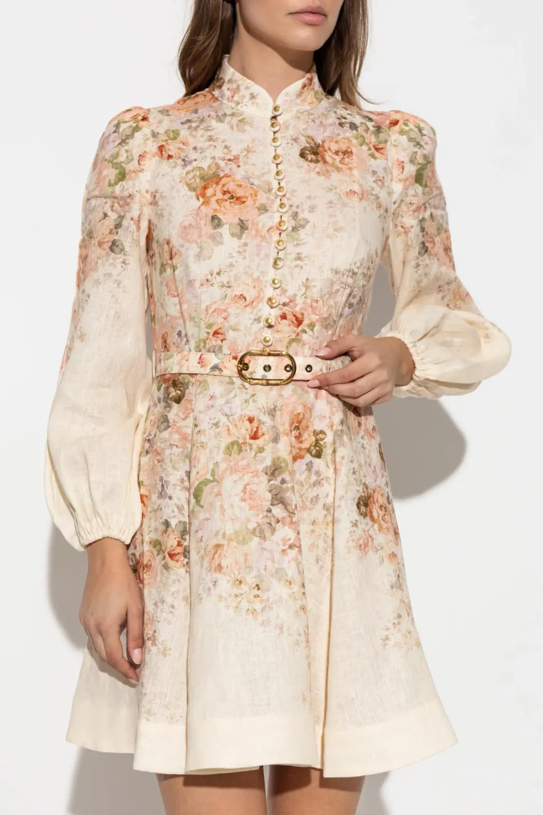 Zimmermann The Illustration Buttoned Mini Dress in Cream Rococo Floral Size 3 / AU 14 for rent on The Volte - main image
