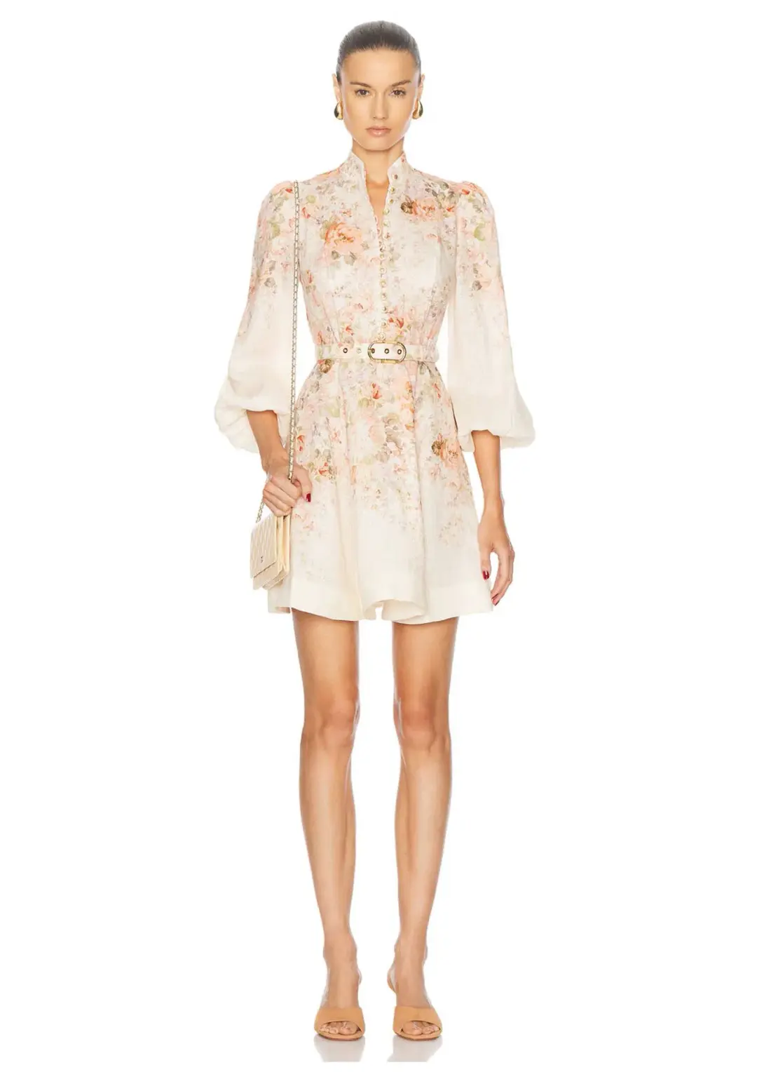 Zimmermann The Illustration Buttoned Mini Dress in Cream Rococo Floral Size 3 / AU 14 for rent on The Volte - main image