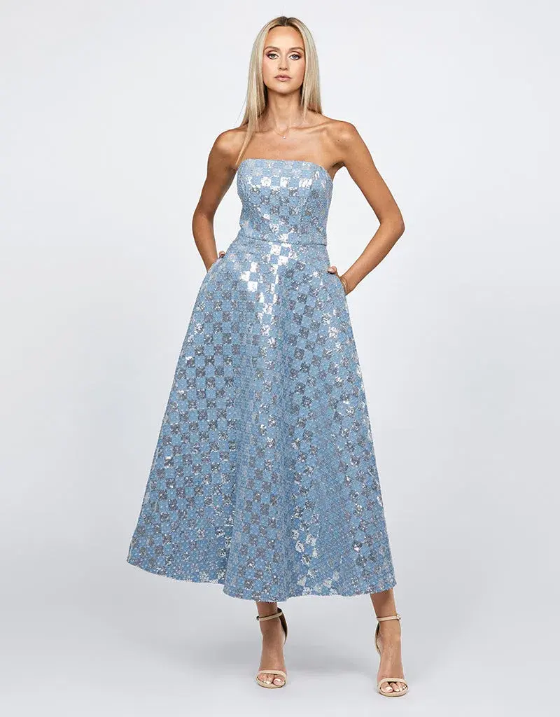 Bariano Zaharina Strapless Tea Midi Dress in Silver/Blue Size AU 6  - Image 1