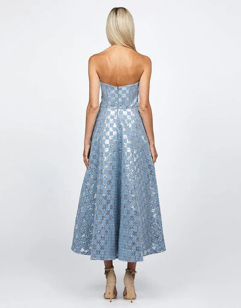 Bariano Zaharina Strapless Tea Midi Dress in Silver/Blue Size AU 6  - Image 3