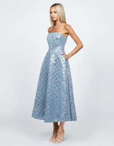 Bariano Zaharina Strapless Tea Midi Dress in Silver/Blue Size AU 6  for rent on The Volte - main image