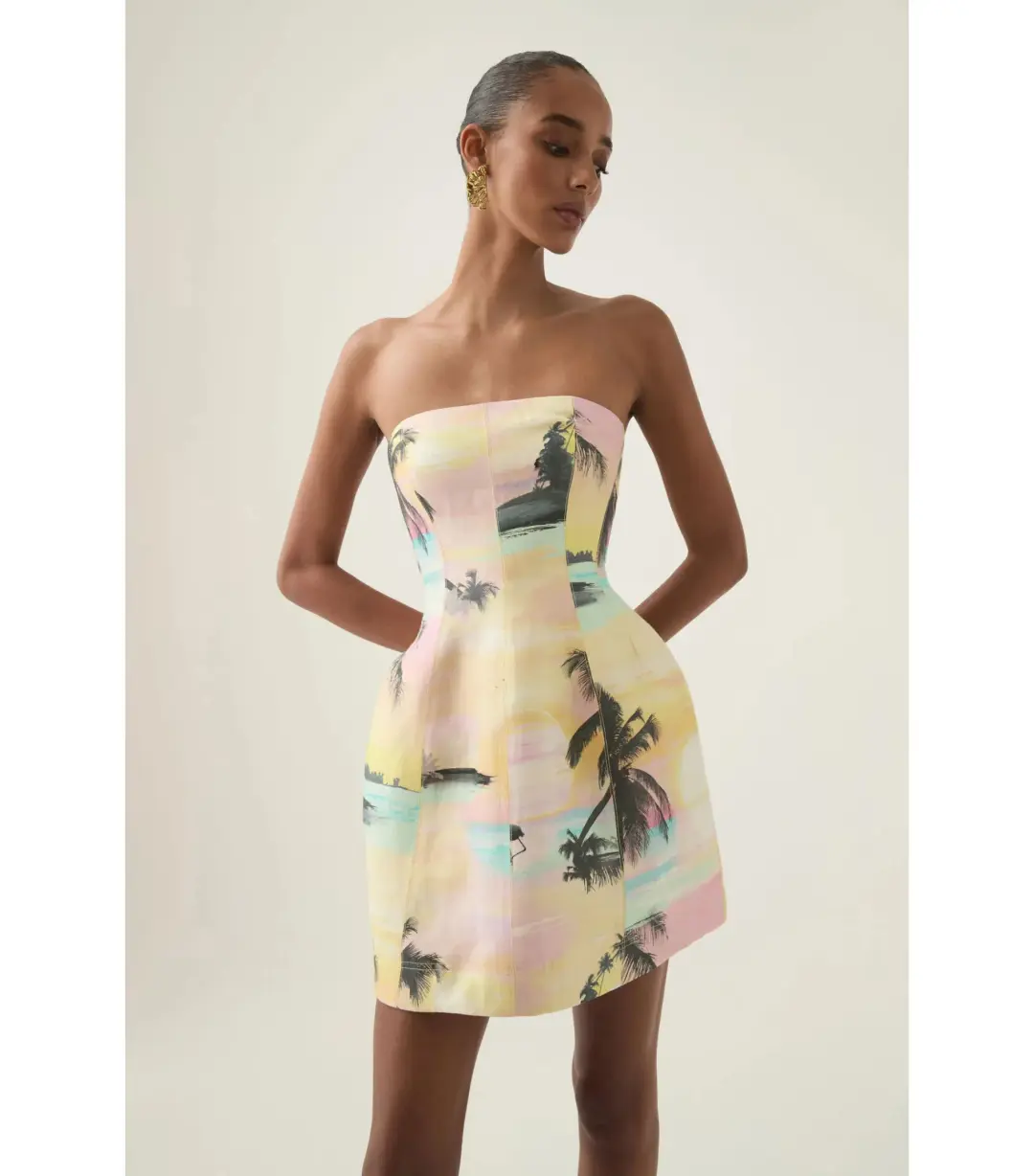 Aje Baret Strapless Mini Dress in Sunset Sky Size AU 14 for rent on The Volte - main image